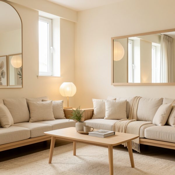 Salon sombre orienté au nord décoré dans un style coréen, avec mobilier en bois clair, textiles naturels, miroir et éclairage chaleureux.