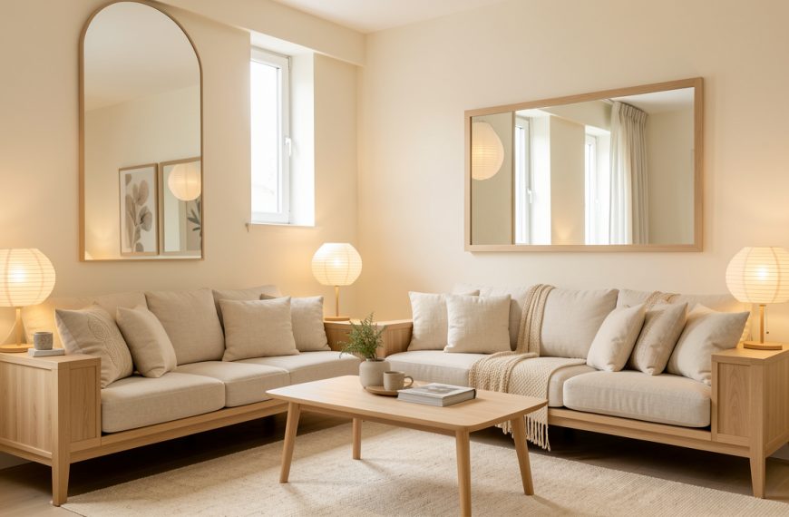 Salon sombre orienté au nord décoré dans un style coréen, avec mobilier en bois clair, textiles naturels, miroir et éclairage chaleureux.