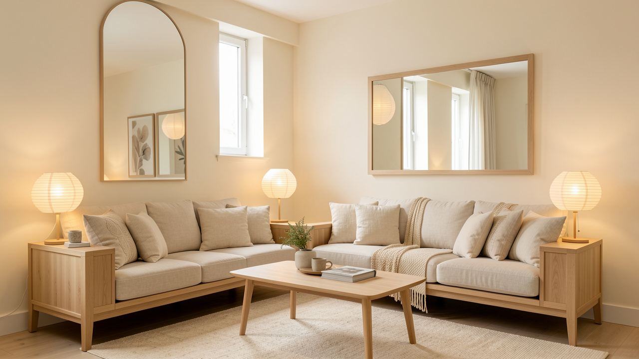Salon sombre orienté au nord décoré dans un style coréen, avec mobilier en bois clair, textiles naturels, miroir et éclairage chaleureux.