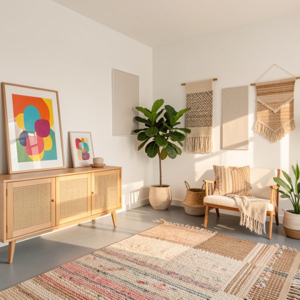 Appartement en location aux murs blancs et au sol gris, décoré sans perçage avec des œuvres posées, des tapis, des plantes et des textiles colorés.