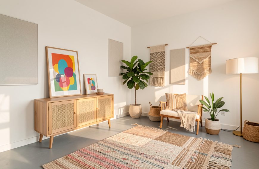 Appartement en location aux murs blancs et au sol gris, décoré sans perçage avec des œuvres posées, des tapis, des plantes et des textiles colorés.