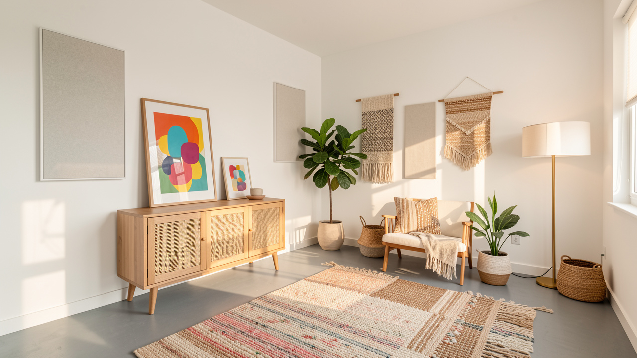 Appartement en location aux murs blancs et au sol gris, décoré sans perçage avec des œuvres posées, des tapis, des plantes et des textiles colorés.