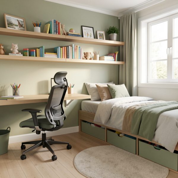 Petite chambre d’adolescent lumineuse avec un bureau mural, une chaise ergonomique, des étagères suspendues et des rangements intégrés pour optimiser l’espace.