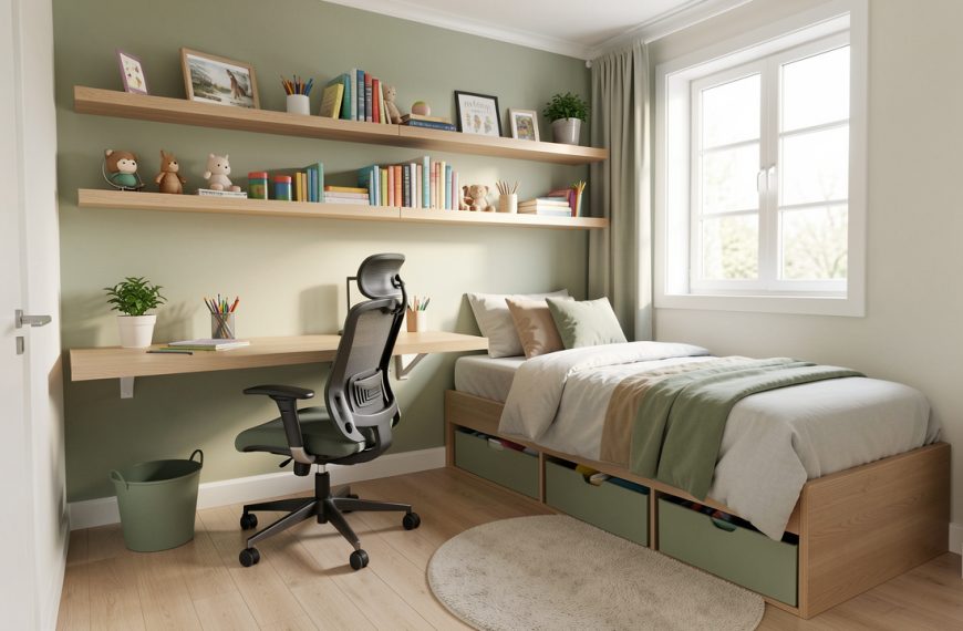 Petite chambre d’adolescent lumineuse avec un bureau mural, une chaise ergonomique, des étagères suspendues et des rangements intégrés pour optimiser l’espace.