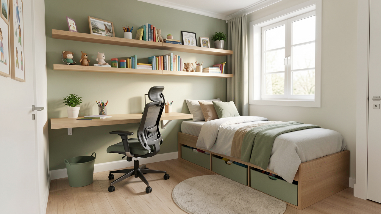 Petite chambre d’adolescent lumineuse avec un bureau mural, une chaise ergonomique, des étagères suspendues et des rangements intégrés pour optimiser l’espace.