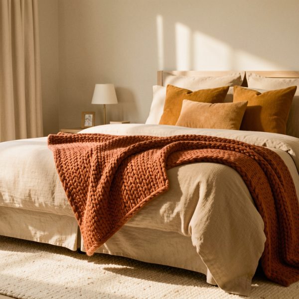 Chambre lumineuse aux couleurs d’automne avec un lit beige, un plaid en laine terracotta, des coussins ocre et camel, et un petit tapis crème baignés par une douce lumière matinale.
