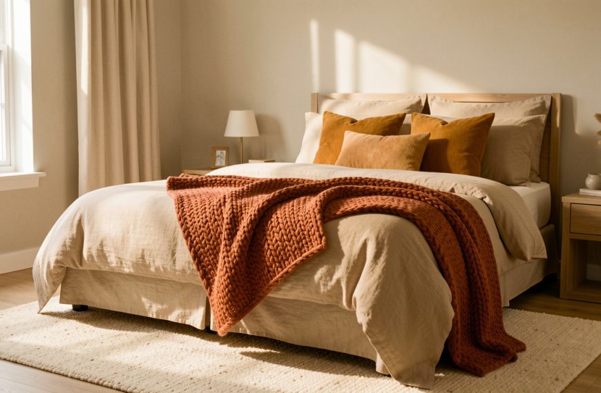 Chambre lumineuse aux couleurs d’automne avec un lit beige, un plaid en laine terracotta, des coussins ocre et camel, et un petit tapis crème baignés par une douce lumière matinale.