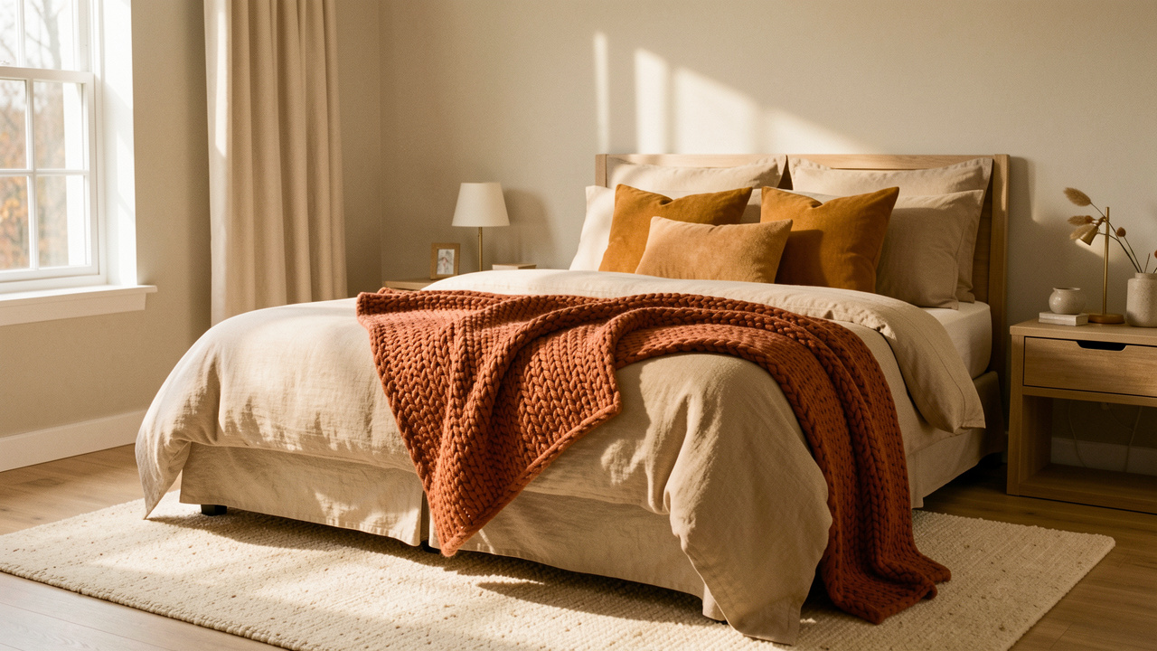 Chambre lumineuse aux couleurs d’automne avec un lit beige, un plaid en laine terracotta, des coussins ocre et camel, et un petit tapis crème baignés par une douce lumière matinale.