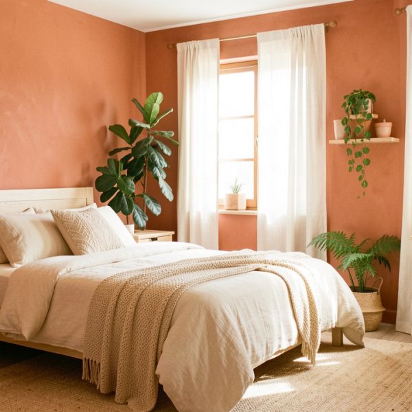 Chambre aux murs terracotta avec literie en lin crème, mobilier en bois clair et lumière naturelle créant une ambiance chaleureuse et lumineuse.