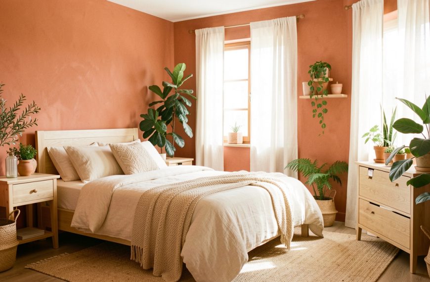Chambre aux murs terracotta avec literie en lin crème, mobilier en bois clair et lumière naturelle créant une ambiance chaleureuse et lumineuse.
