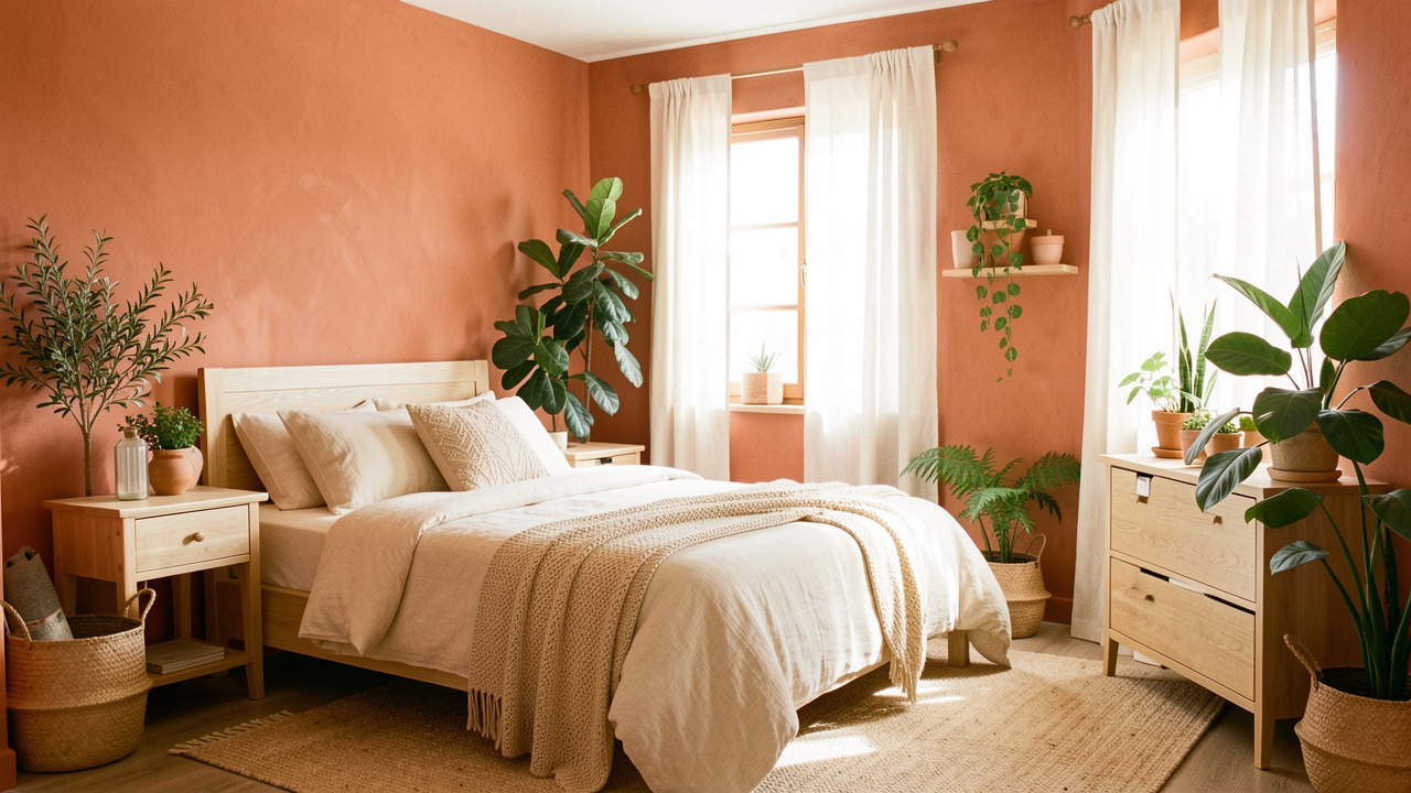 Chambre aux murs terracotta avec literie en lin crème, mobilier en bois clair et lumière naturelle créant une ambiance chaleureuse et lumineuse.