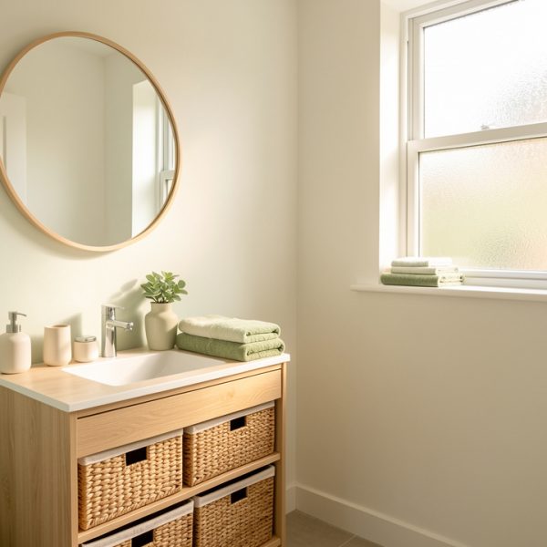 Petite salle de bain lumineuse aménagée avec une décoration harmonieuse aux tons blancs et vert sauge, du bois clair et des paniers de rangement.