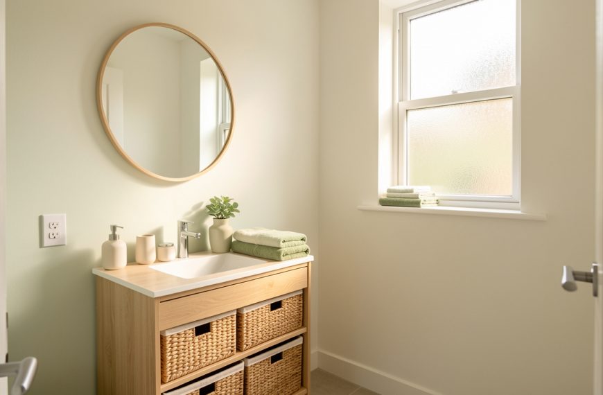 Petite salle de bain lumineuse aménagée avec une décoration harmonieuse aux tons blancs et vert sauge, du bois clair et des paniers de rangement.