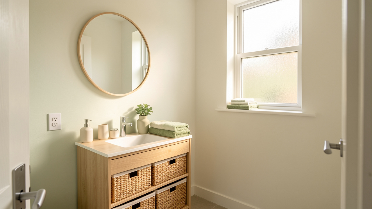 Petite salle de bain lumineuse aménagée avec une décoration harmonieuse aux tons blancs et vert sauge, du bois clair et des paniers de rangement.