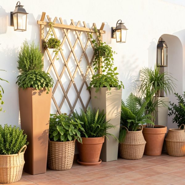 Mur blanc de terrasse décoré avec des jardinières sur pied, un treillis en bois posé contre le mur, des plantes vertes, des paniers tressés et des lanternes solaires.