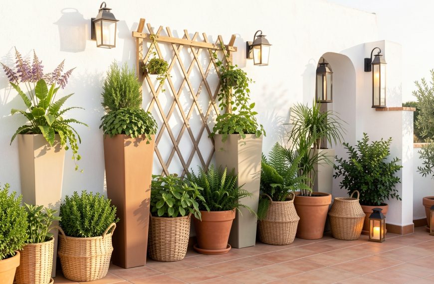 Mur blanc de terrasse décoré avec des jardinières sur pied, un treillis en bois posé contre le mur, des plantes vertes, des paniers tressés et des lanternes solaires.