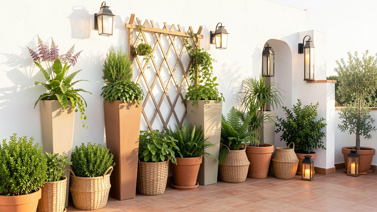 Mur blanc de terrasse décoré avec des jardinières sur pied, un treillis en bois posé contre le mur, des plantes vertes, des paniers tressés et des lanternes solaires.