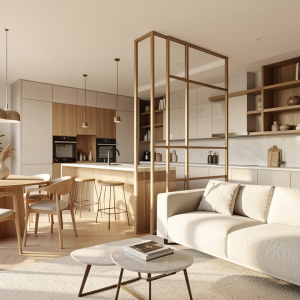 Salon-salle à manger ouvert sur une cuisine moderne, séparé subtilement par une cloison vitrée et des éléments en bois qui préservent la lumière naturelle.