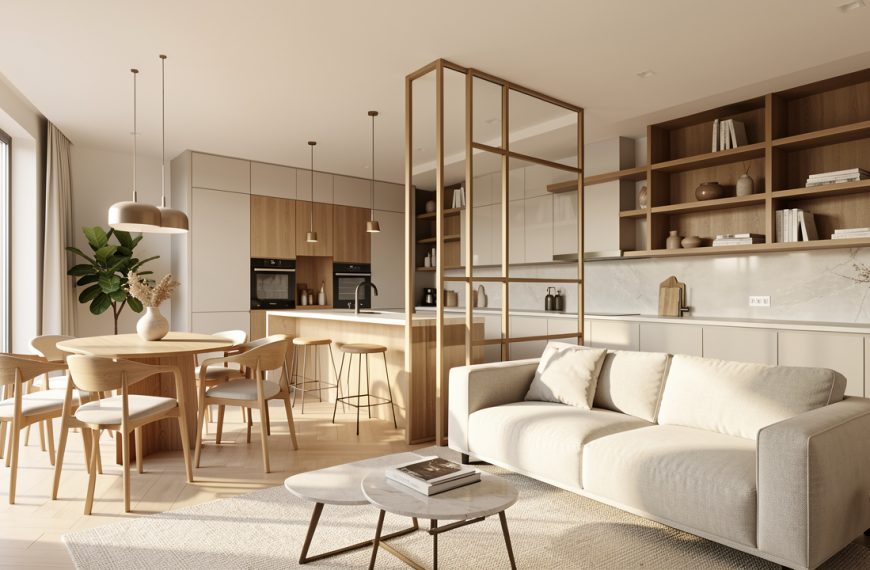 Salon-salle à manger ouvert sur une cuisine moderne, séparé subtilement par une cloison vitrée et des éléments en bois qui préservent la lumière naturelle.