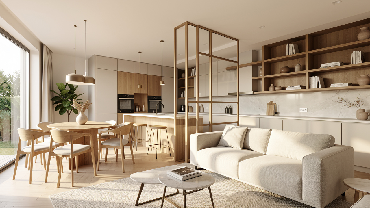 Salon-salle à manger ouvert sur une cuisine moderne, séparé subtilement par une cloison vitrée et des éléments en bois qui préservent la lumière naturelle.
