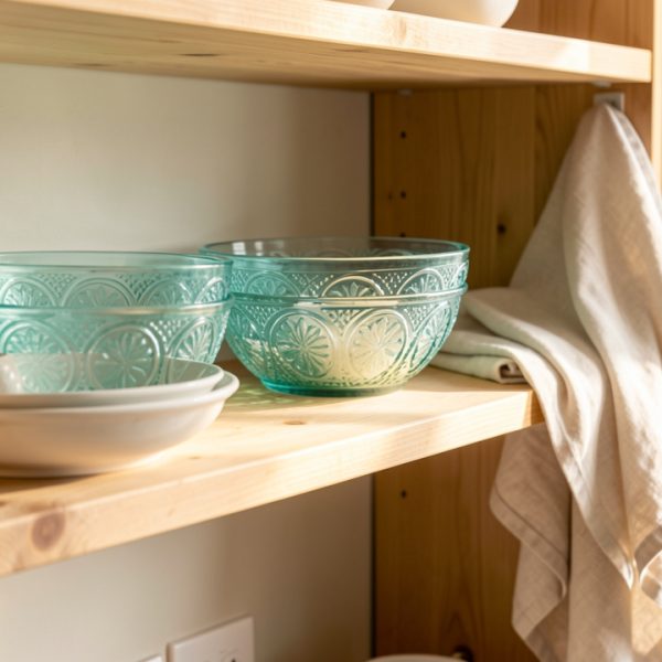 Étagère de cuisine vintage en bois clair avec des bols en verre à motifs turquoise et blancs, du linge en lin écru et une douce lumière naturelle.