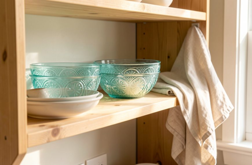 Étagère de cuisine vintage en bois clair avec des bols en verre à motifs turquoise et blancs, du linge en lin écru et une douce lumière naturelle.
