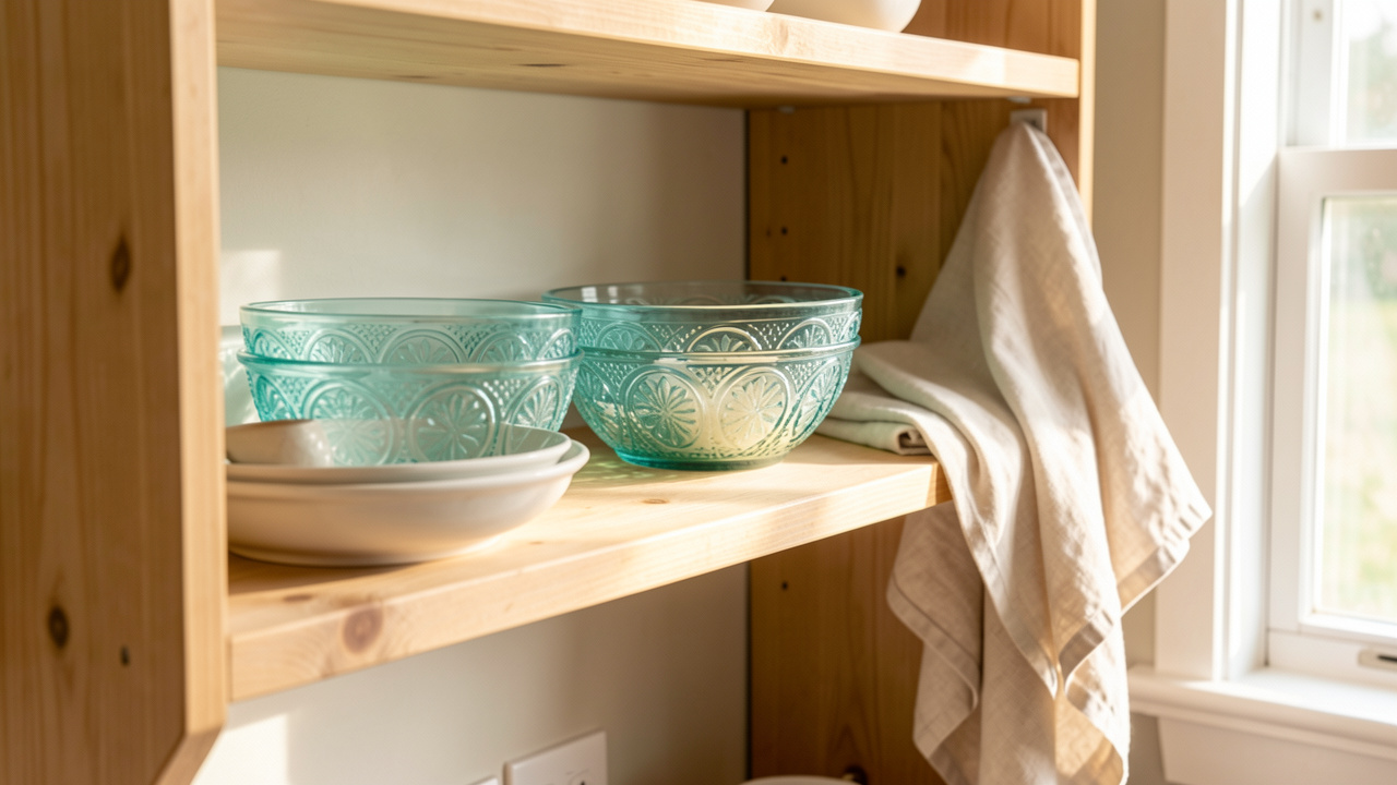 Étagère de cuisine vintage en bois clair avec des bols en verre à motifs turquoise et blancs, du linge en lin écru et une douce lumière naturelle.