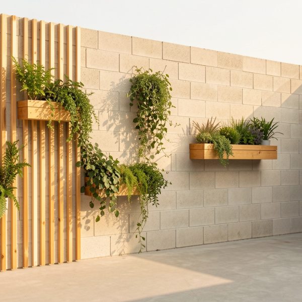 Mur extérieur en parpaing habillé de lames de bois clair et de végétation légère, avec une terrasse dégagée et lumineuse.
