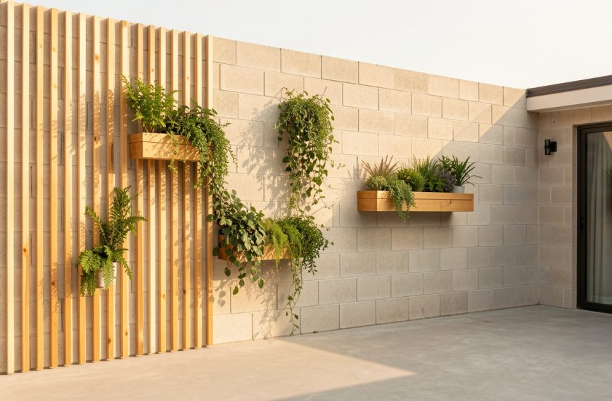 Mur extérieur en parpaing habillé de lames de bois clair et de végétation légère, avec une terrasse dégagée et lumineuse.