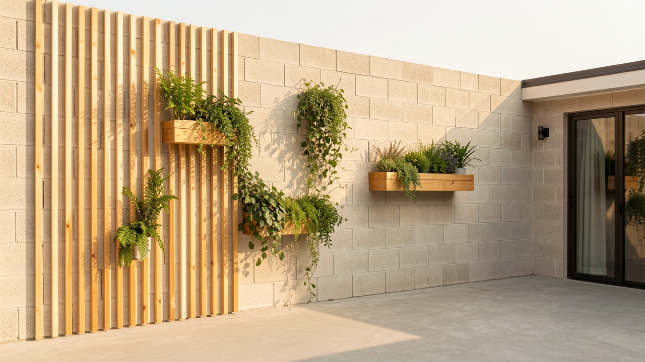 Mur extérieur en parpaing habillé de lames de bois clair et de végétation légère, avec une terrasse dégagée et lumineuse.