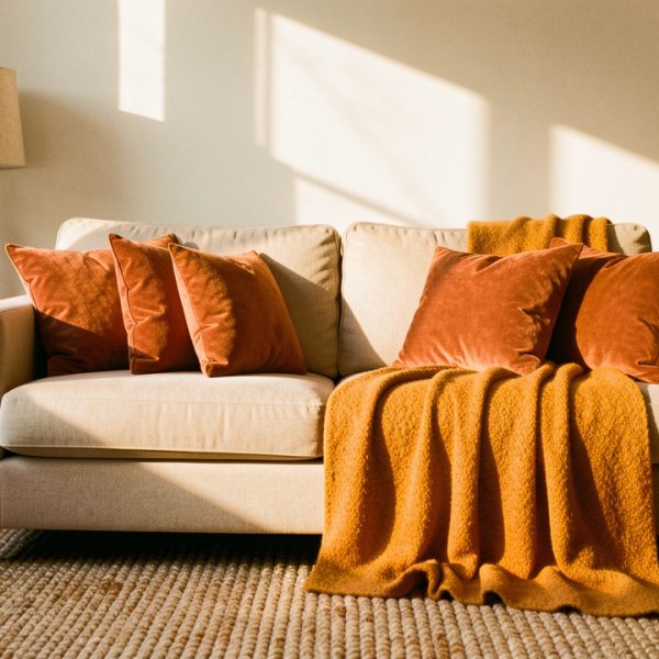 Salon lumineux et chaleureux en automne avec canapé beige, plaid en laine ocre, coussins terracotta, tapis épais et lampadaire en tissu baignés par la lumière de fin de journée.