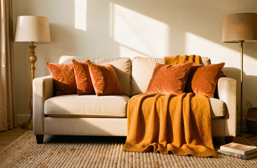 Salon lumineux et chaleureux en automne avec canapé beige, plaid en laine ocre, coussins terracotta, tapis épais et lampadaire en tissu baignés par la lumière de fin de journée.