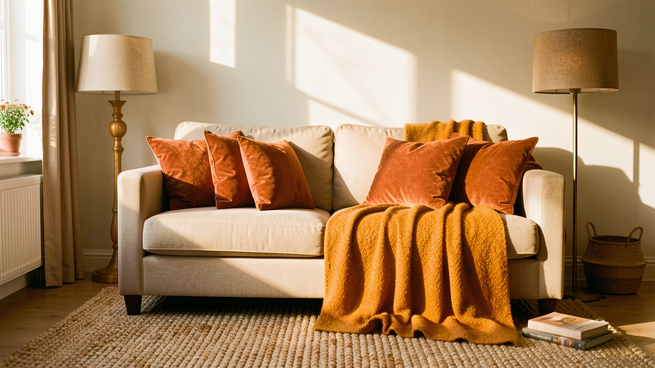 Salon lumineux et chaleureux en automne avec canapé beige, plaid en laine ocre, coussins terracotta, tapis épais et lampadaire en tissu baignés par la lumière de fin de journée.