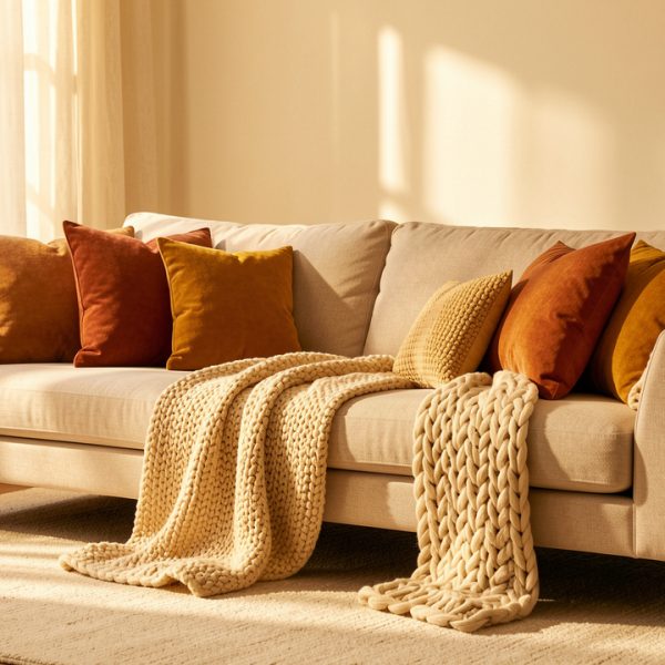 Salon lumineux décoré pour l’automne avec un canapé beige, des coussins terracotta et ocre, un plaid en maille, un tapis écru et une douce lumière dorée.
