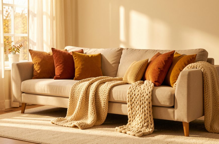 Salon lumineux décoré pour l’automne avec un canapé beige, des coussins terracotta et ocre, un plaid en maille, un tapis écru et une douce lumière dorée.