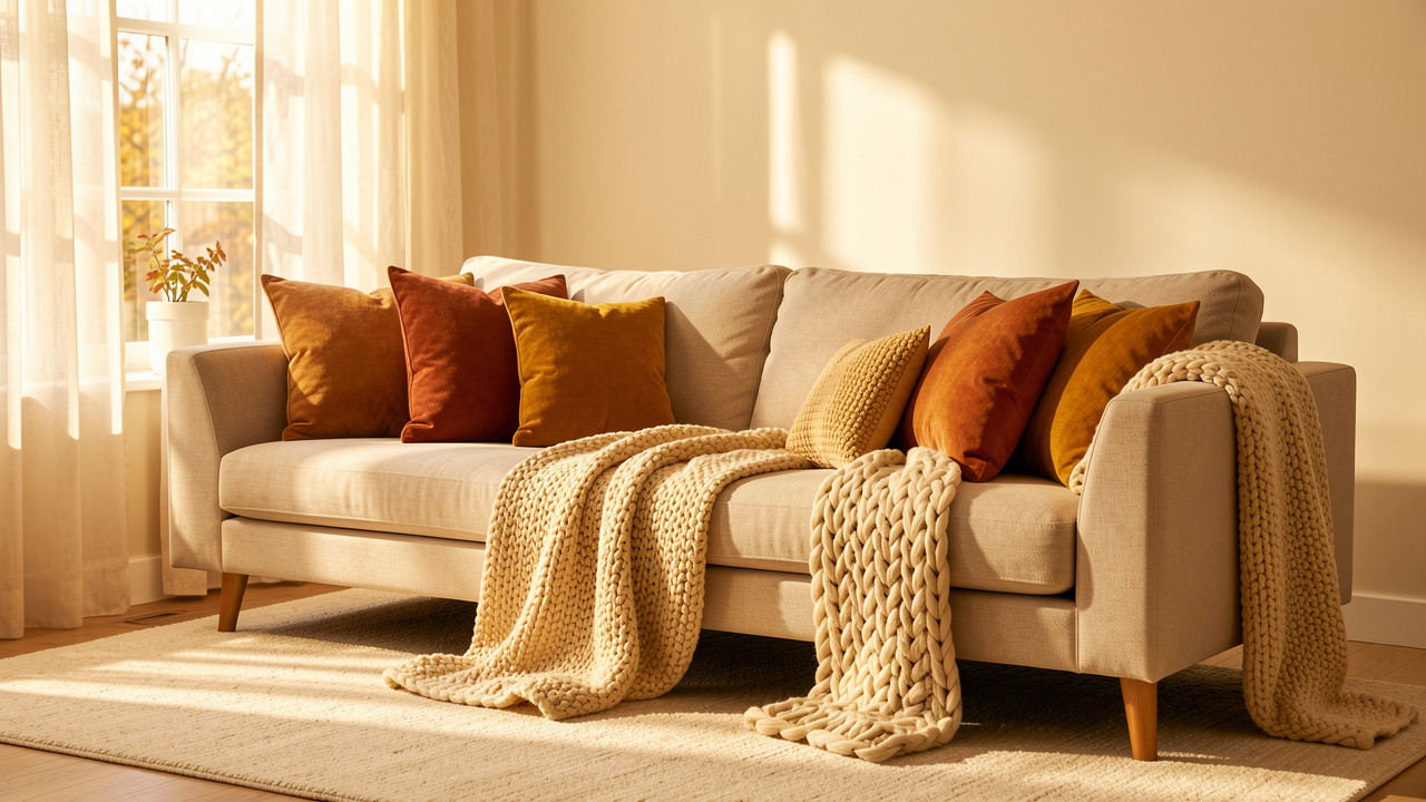 Salon lumineux décoré pour l’automne avec un canapé beige, des coussins terracotta et ocre, un plaid en maille, un tapis écru et une douce lumière dorée.