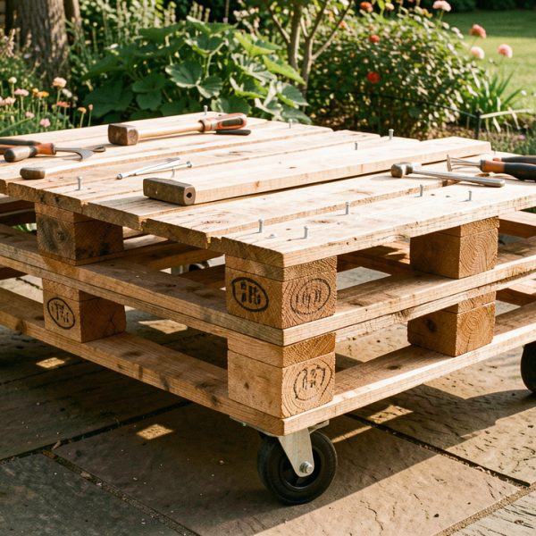 Table extérieure robuste fabriquée avec des palettes en bois, des vis résistantes et une finition protectrice, installée sur une terrasse entourée de verdure.