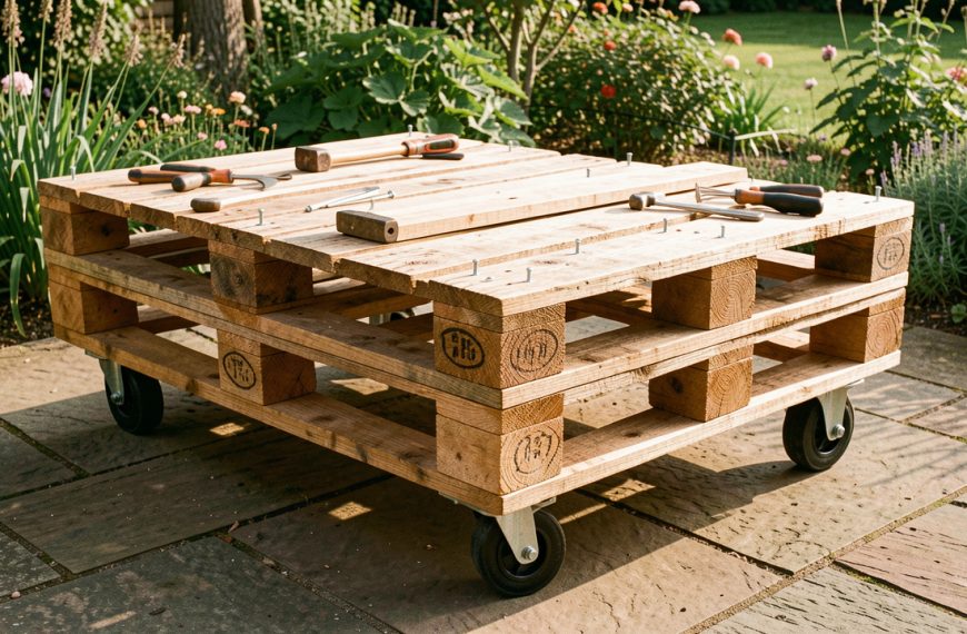 Table extérieure robuste fabriquée avec des palettes en bois, des vis résistantes et une finition protectrice, installée sur une terrasse entourée de verdure.