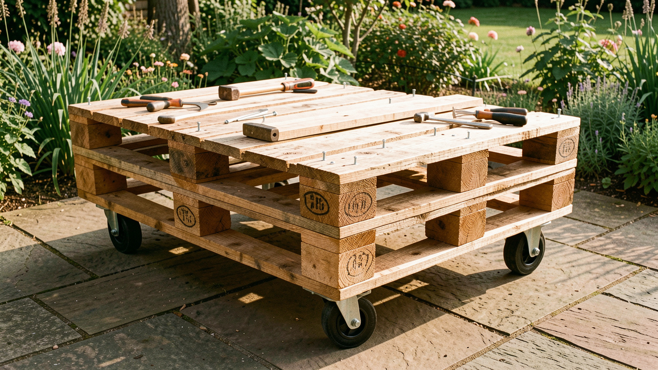 Table extérieure robuste fabriquée avec des palettes en bois, des vis résistantes et une finition protectrice, installée sur une terrasse entourée de verdure.