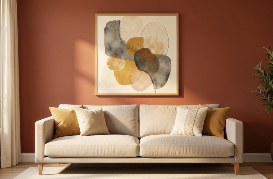 Un tableau abstrait aux tons crème, ocre et charbon est centré au-dessus d’un canapé beige étroit, sur un mur terracotta.