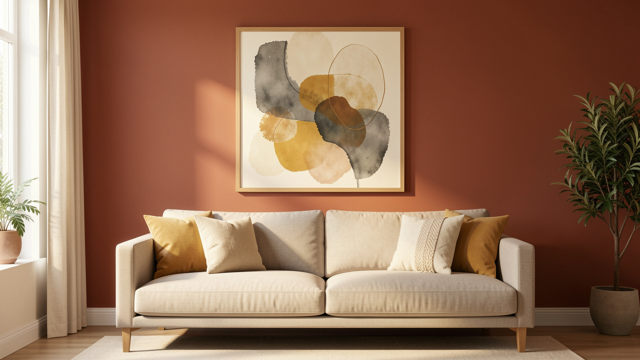 Un tableau abstrait aux tons crème, ocre et charbon est centré au-dessus d’un canapé beige étroit, sur un mur terracotta.
