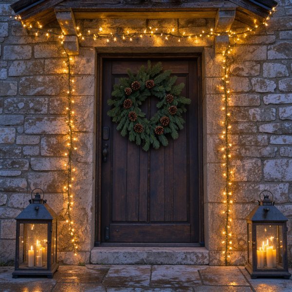 Façade réaliste d'une maison en pierre décorée pour Noël au crépuscule, avec des guirlandes LED blanc chaud autour de la porte, une couronne végétale et des lanternes.