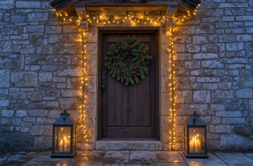 Façade réaliste d'une maison en pierre décorée pour Noël au crépuscule, avec des guirlandes LED blanc chaud autour de la porte, une couronne végétale et des lanternes.