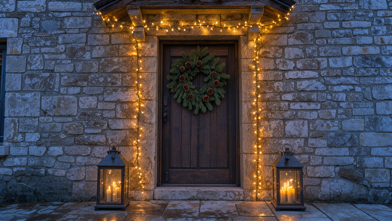 Façade réaliste d'une maison en pierre décorée pour Noël au crépuscule, avec des guirlandes LED blanc chaud autour de la porte, une couronne végétale et des lanternes.