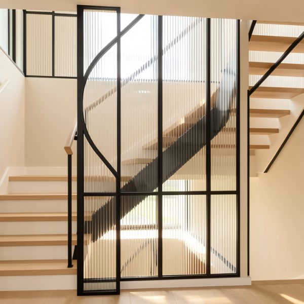 Cage d’escalier contemporaine fermée par des panneaux de verre strié et une structure métallique fine, laissant passer largement la lumière naturelle.