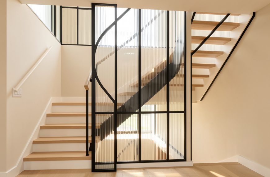 Cage d’escalier contemporaine fermée par des panneaux de verre strié et une structure métallique fine, laissant passer largement la lumière naturelle.