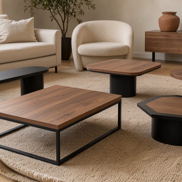 Collection de tables basses noires et en bois naturel, de formes et proportions variées, présentées dans un salon contemporain lumineux.