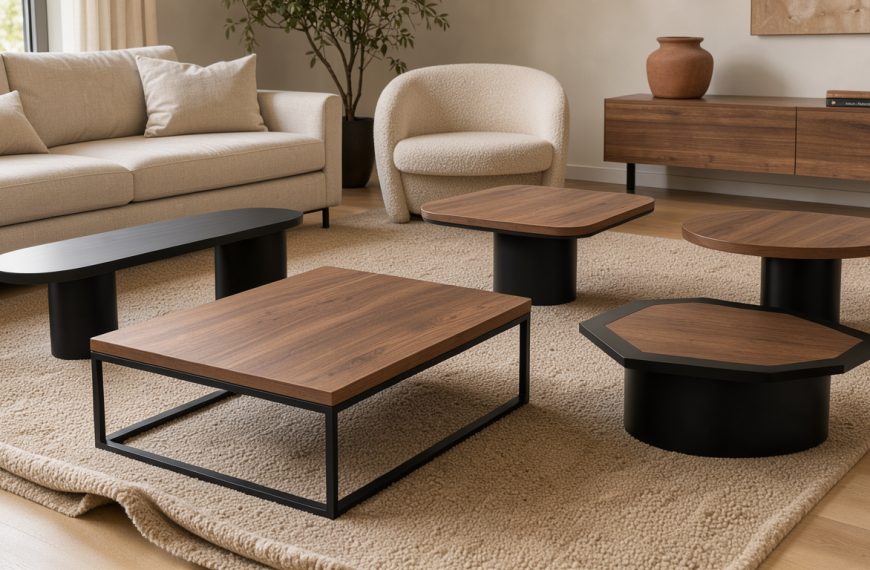 Collection de tables basses noires et en bois naturel, de formes et proportions variées, présentées dans un salon contemporain lumineux.