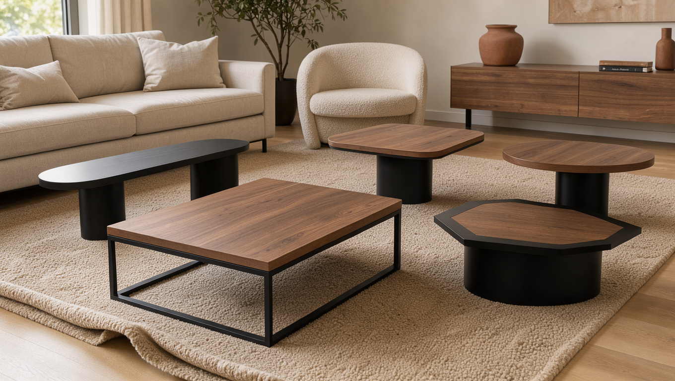 Collection de tables basses noires et en bois naturel, de formes et proportions variées, présentées dans un salon contemporain lumineux.