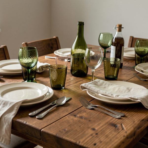 Table de repas contemporaine inspirée des Arts and Crafts, dressée avec des assiettes ivoire, des verres vert bouteille, des couverts martelés et des serviettes en lin écru, dans une lumière naturelle douce.